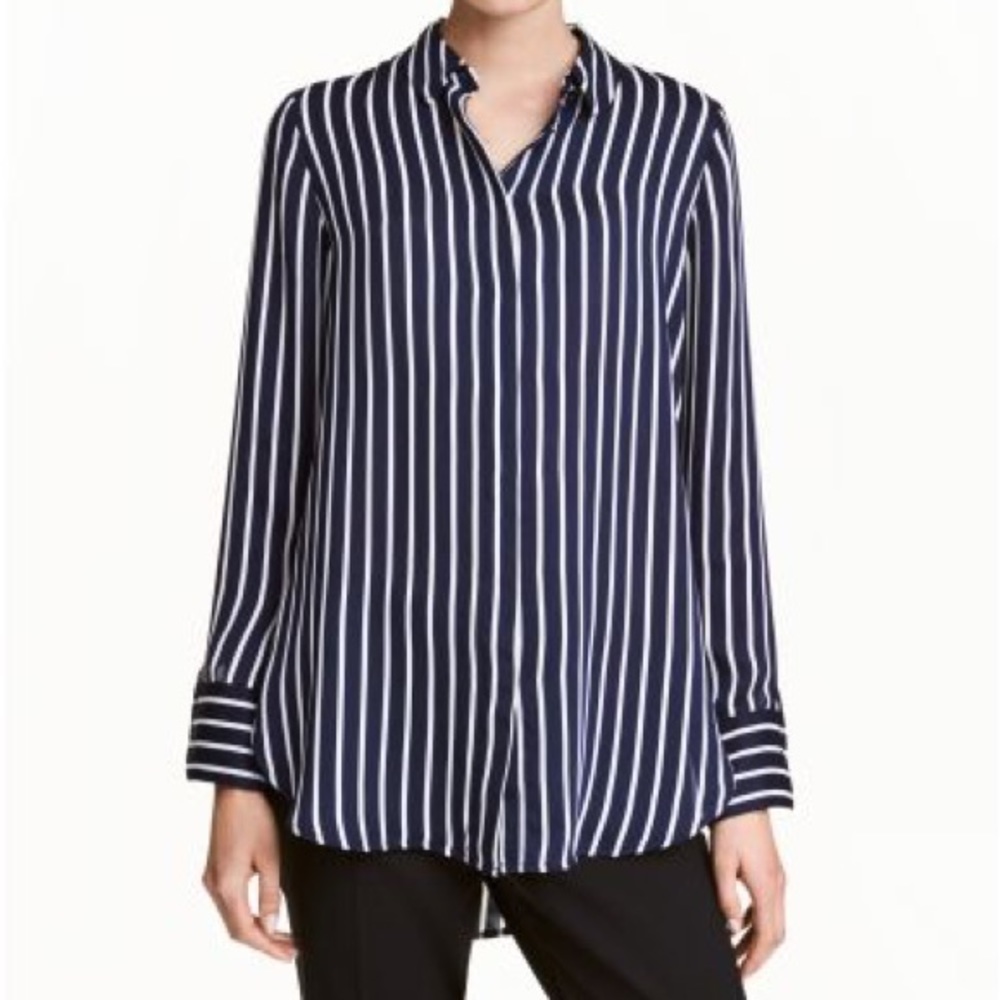 Navy Blue White Stripes Nautical Long Button Up Sleeve Blouse High Low Hem